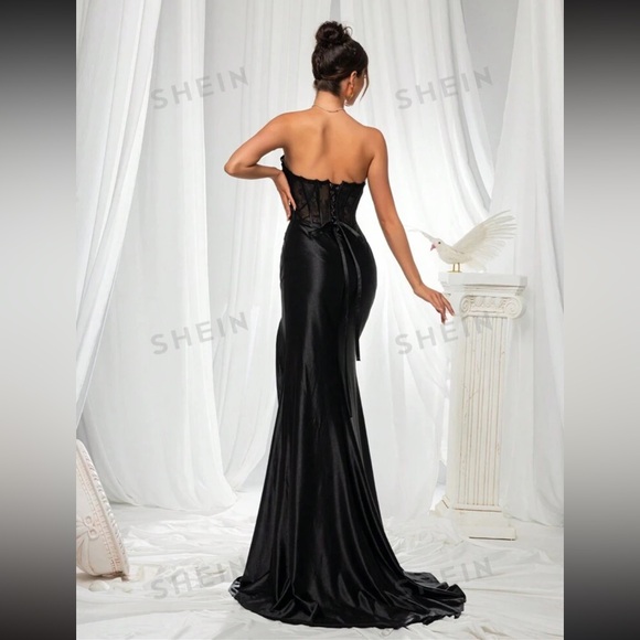 Herringbone Pleated High Slit Strapless Maxi Evening Dress - Picture 2 of 5